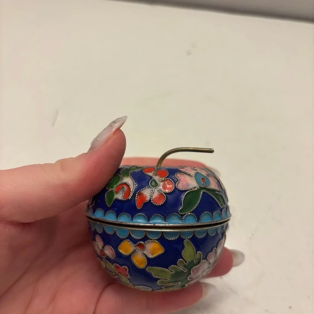 Vintage Chiness Apple Fruit Stem Shape with Flowers Metal Trinket Box